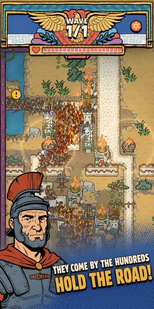 Raiders marching up the road into a line of towers